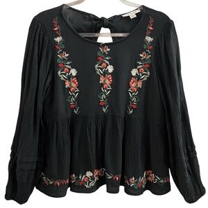 AMERICAN EAGLE TOP, Sml, Black Long Sleeve Boho Peasant Top w/ Floral Embroidery